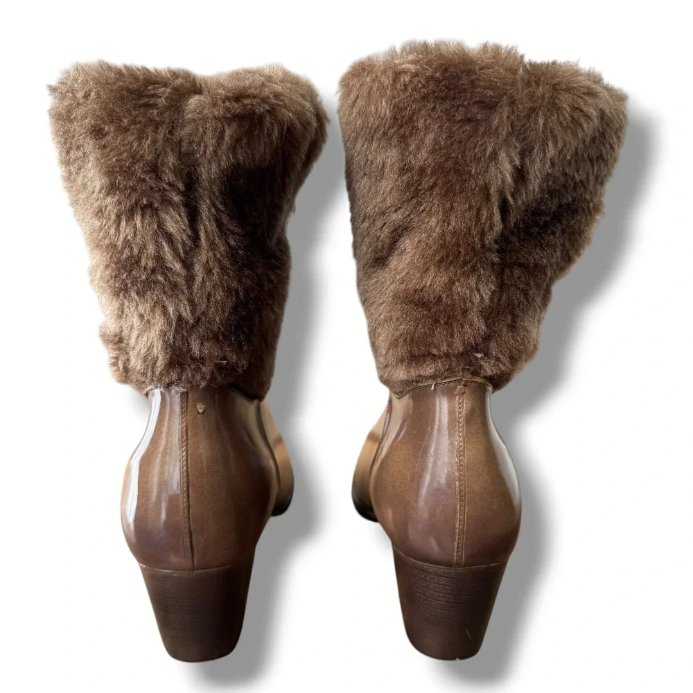Vintage Brown Faux Fur Trim Rain Boots Womens Size 9 Block Heel Made in USA